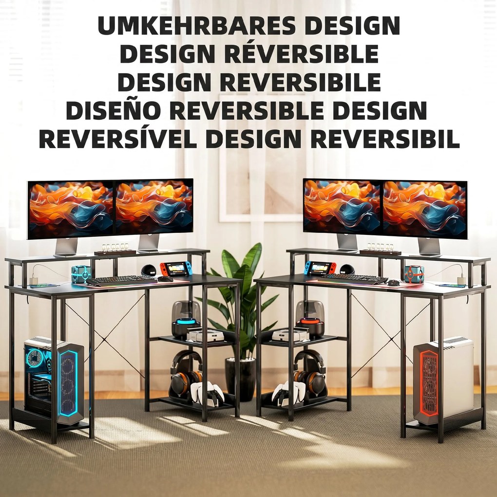 HOMCOM Birou Reversibil pentru Calculator cu Prize, Lumini LED, Suport Dublu și Rafturi Reglabile, 120x50x89,5 cm, Negru | Aosom Romania