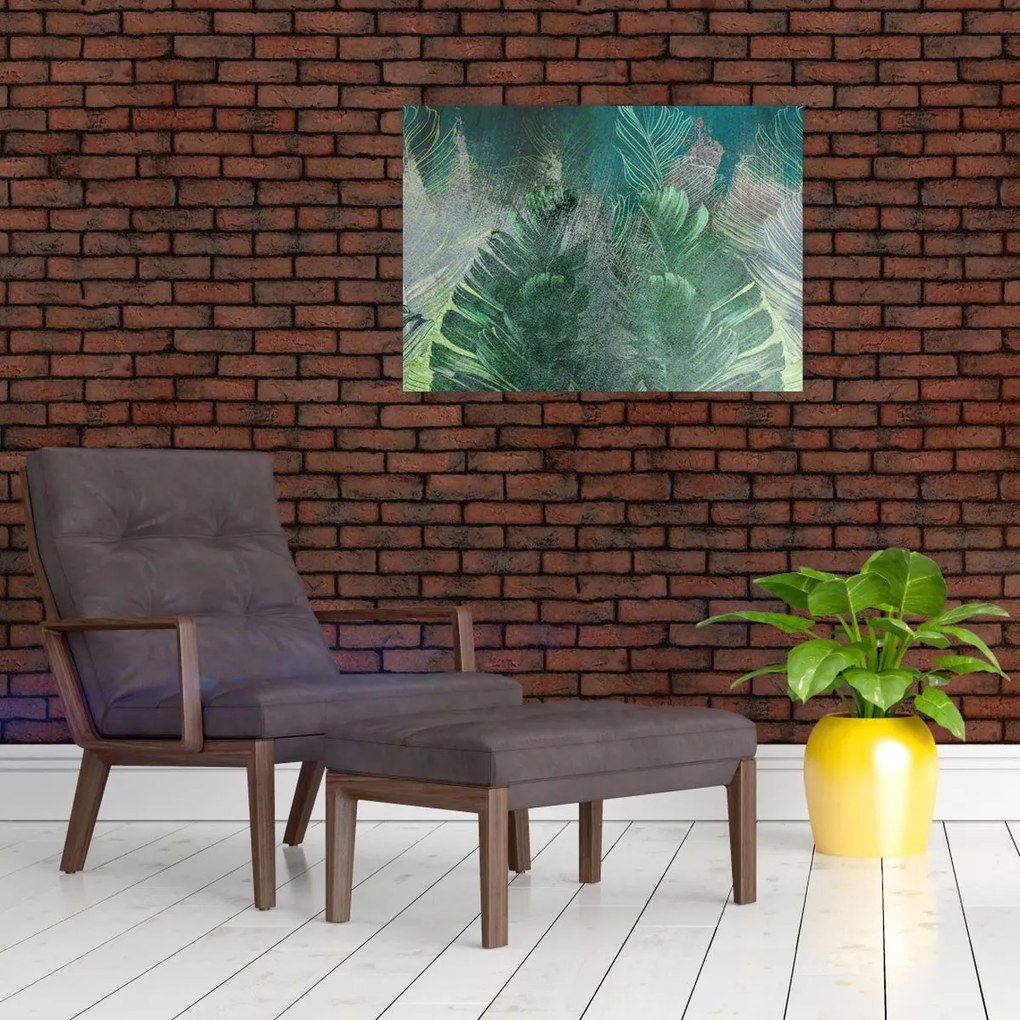 Tablou pe sticlă - Textura de beton cu frunze (70x50 cm)