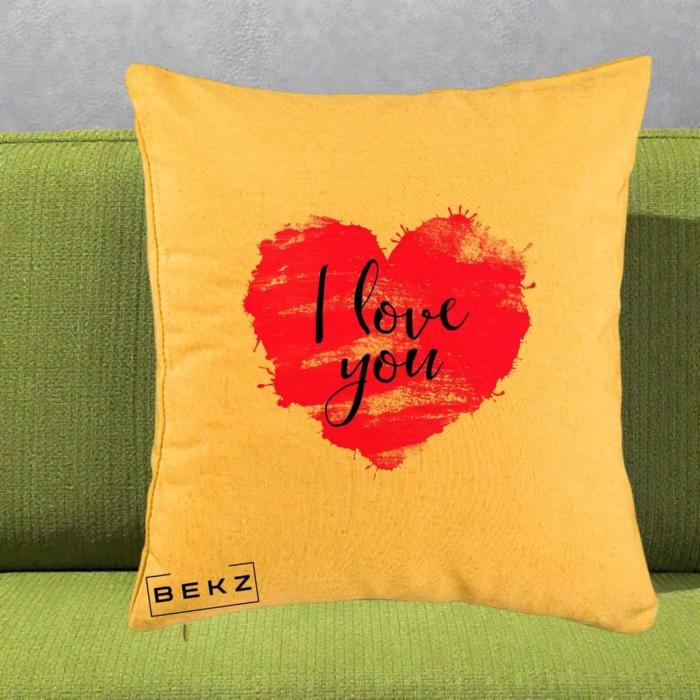 Cadou Romantic - Perna Personalizata I Love You Inima Roz, 40x40 cm, Galben, Husa Detasabila, Perna Inclusa, BEKZ®