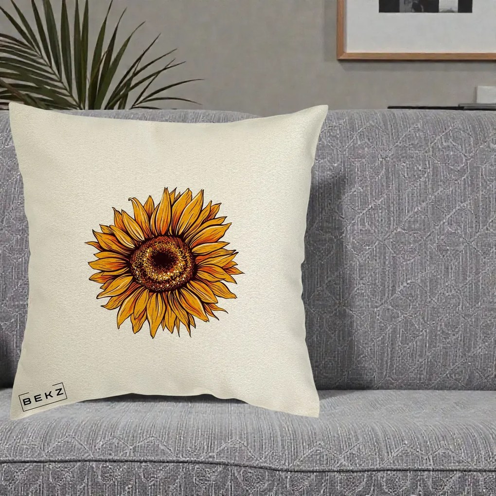 Perna Decorativa Floarea Soarelui Vibranta, 40x40 cm, Ecru, Husa Detasabila, Perna Inclusa, BEKZ®