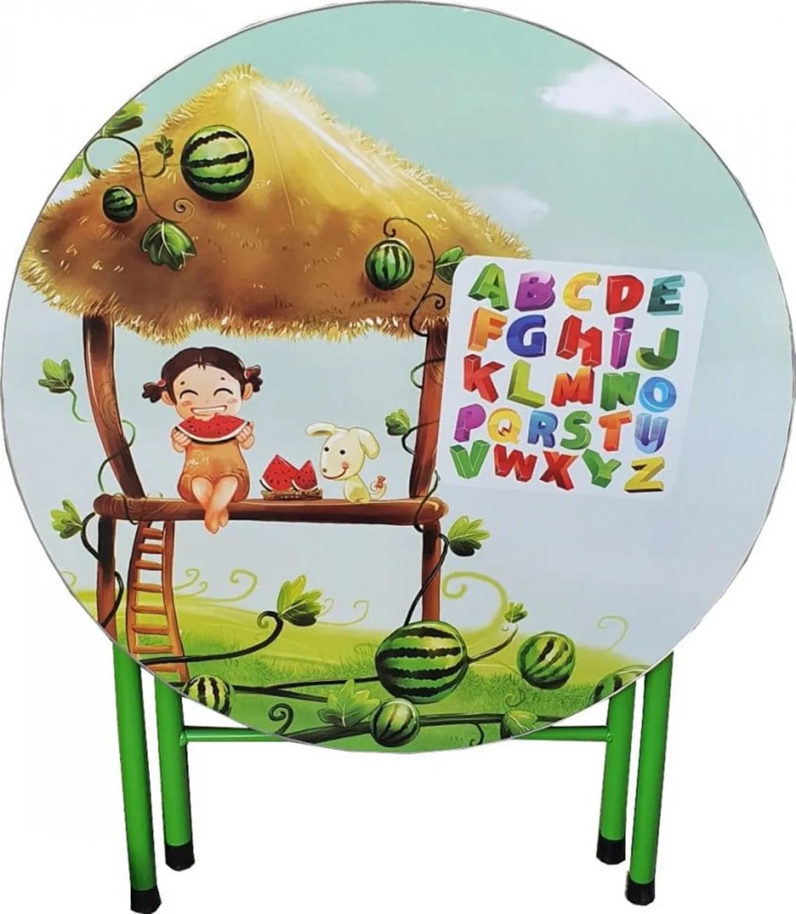Masuta pliabila pentru copii din MDF Novokids™ Round folding table, Cu doua scaune pliabile, Diametru 60 cm, 2 niveluri de inaltime, Suprafata