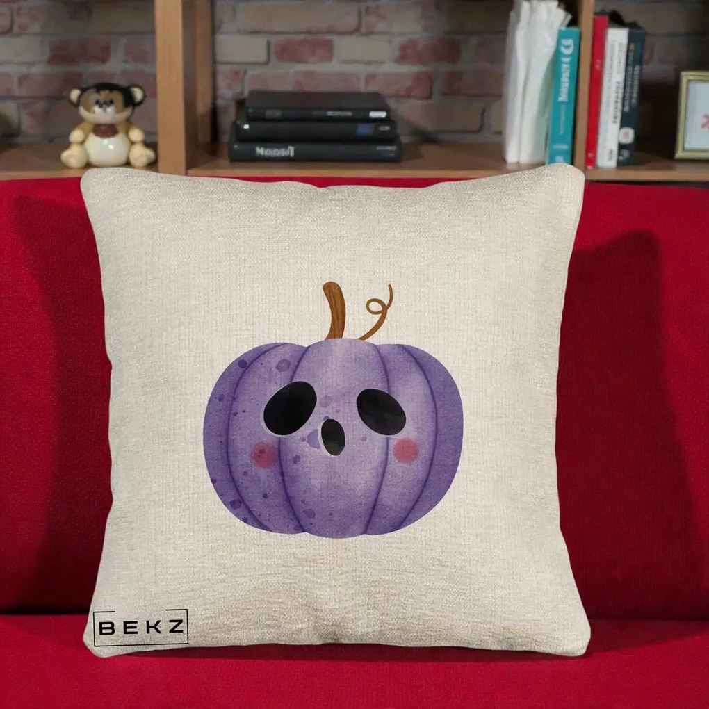 Perna Decorativa Dovleac Halloween Mov Kawaii, 40x40 cm, Bej Canapea, Husa Detasabila, Perna Inclusa, BEKZ®