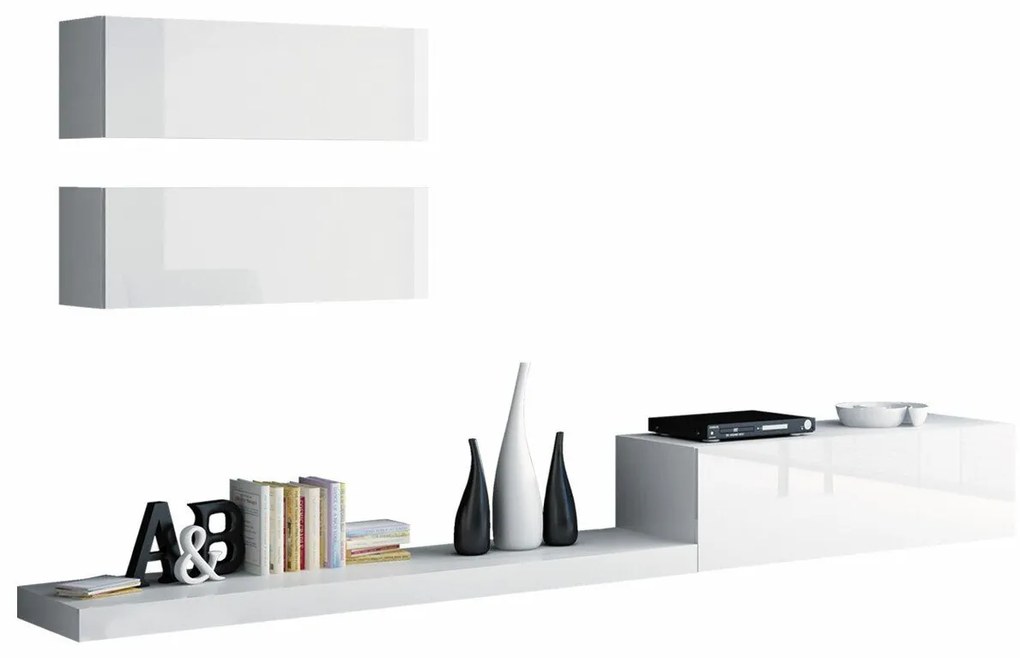 Camera de zi Charlotte 114Alb, Alb lucios, Cu comodă tv, Părți separate, PAL laminat, 300x42cm, 68 kg