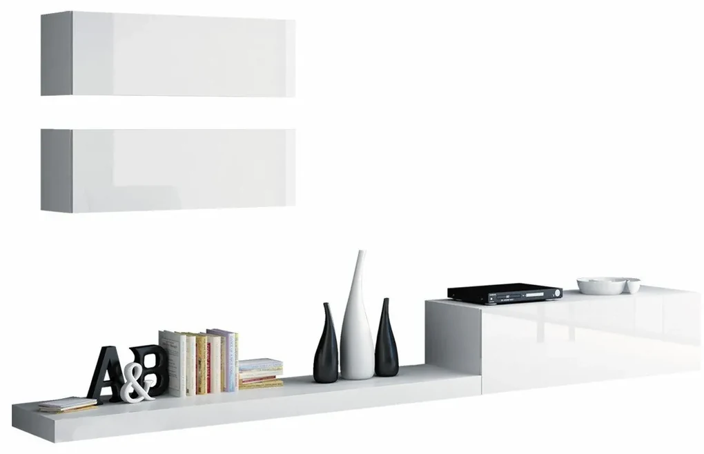 Camera de zi Charlotte 114Alb, Alb lucios, Cu comodă tv, Părți separate, PAL laminat, 300x42cm, 68 kg