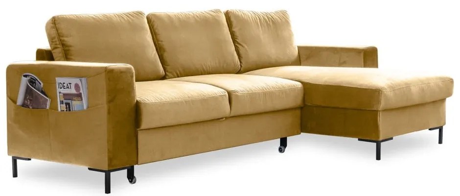 Colțar extensibil din catifea cu șezlong pe partea dreaptă Miuform Lofty Lilly, galben muștar