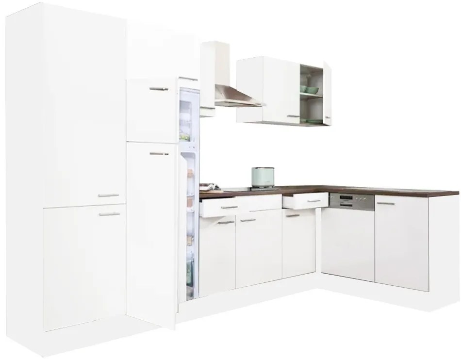 Dulap de bucătărie de colț Yorki 340 cu corp alb, față alb satinat, dulap cu rafturi și frigider cu congelator superior