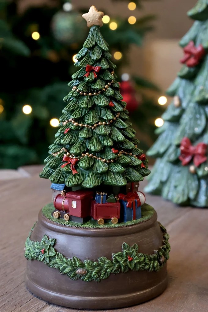 Decorațiune cutie muzicală, din acril, pictată manual, cu brad de Crăciun rotativ și melodie Jingle Bells, 10x19 cm, „Noël"