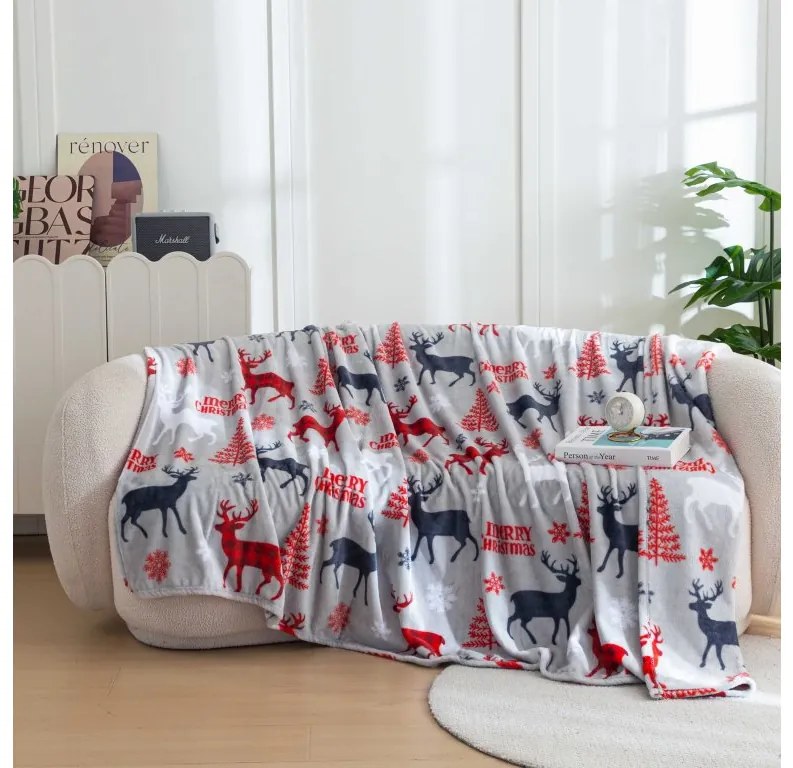 2x Patura de microfleece gri de Craciun MERRY CHRISTMAS DEER 160x200 cm