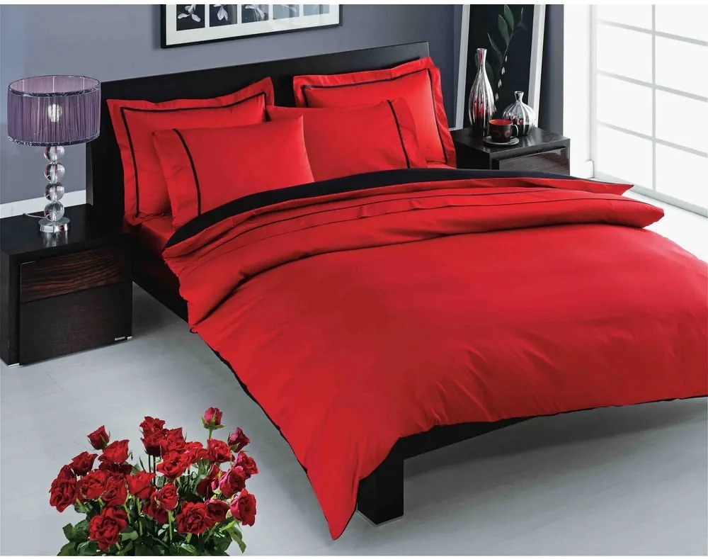 Lenjerie de pat și cearșaf din bumbac satinat pentru pat dublu Prestige Red, 200 x 220 cm, roșu
