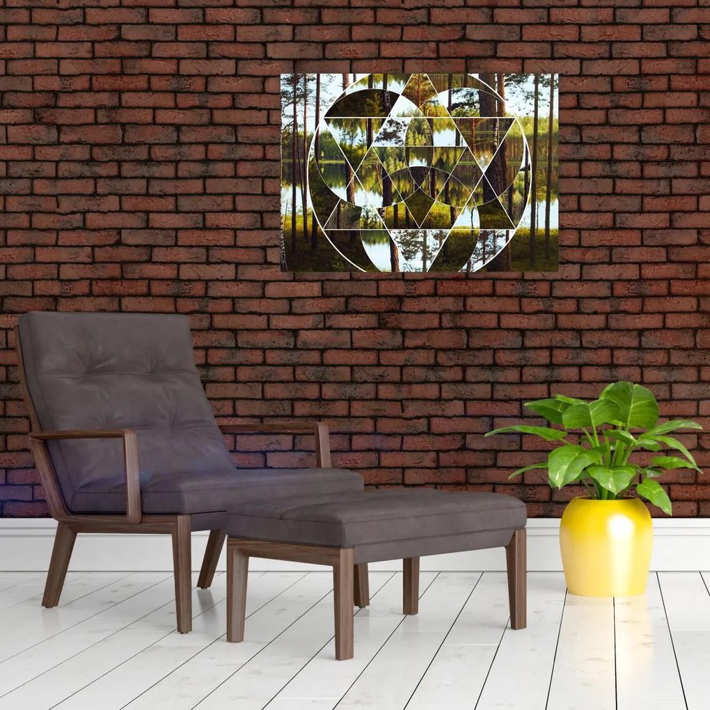 Tablou pe sticlă - Colaj geometric pe fundalul pădurilor nordice (70x50 cm)