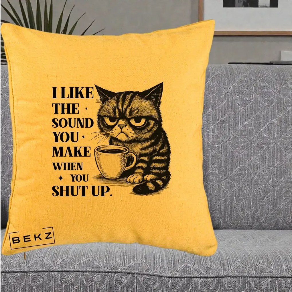 Perna Decorativa I Like the Sound You Make Pisica, 40x40 cm, Galben, Husa Detasabila, Perna Inclusa, BEKZ®