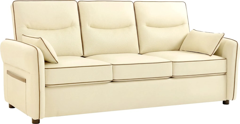 HOMCOM Canapea cu 3 Locuri Tapițată din Piele Ecologică cu Cusături Contrastante, Canapea pentru Sufragerie cu Perne Groase, 2 Perne Detașabile și Lavabile, Brațe și Buzunare Laterale, 190x83x90 cm, Bej | Aosom Romania