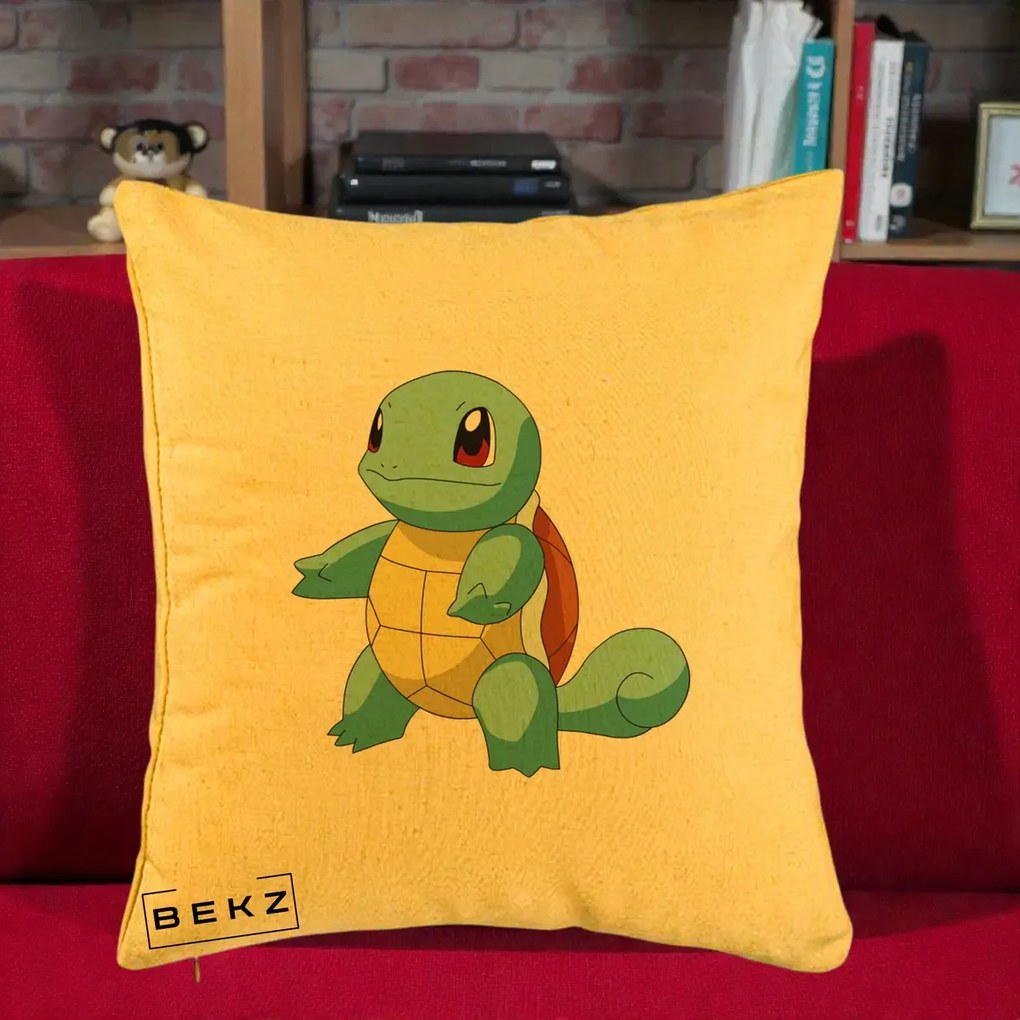 Perna Personalizata Squirtle Pokemon, 40x40 cm, Galben, Husa Detasabila, Perna Inclusa, BEKZ®