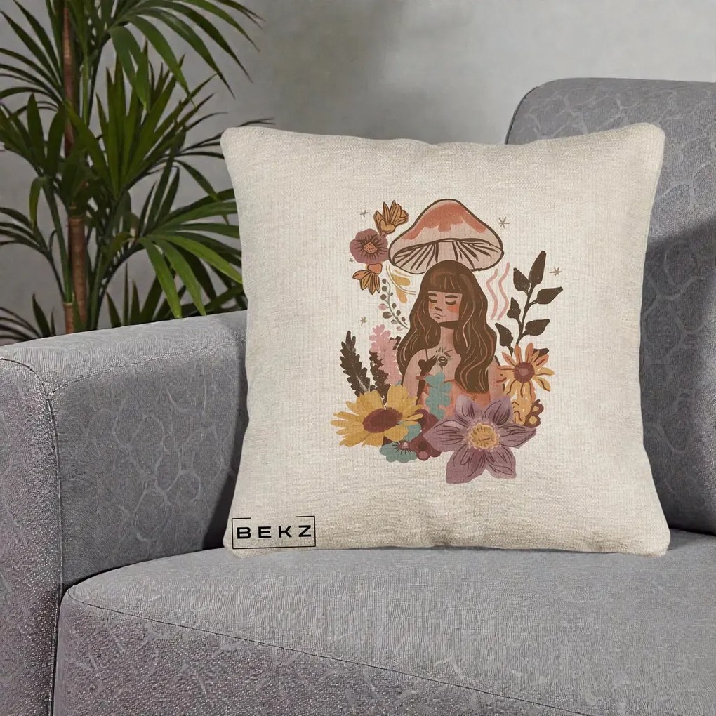 Perna Decorativa Fata Ciuperca Boho Florala, 40x40 cm, Bej Canapea, Husa Detasabila, Perna Inclusa, BEKZ®