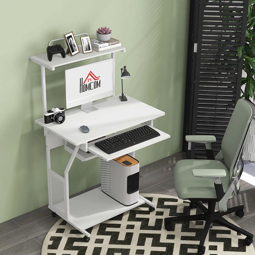 HOMCOM Birou de calculator pe role cu rafturi de depozitare, stație de lucru și suport pentru tastatură, 80x50x130cm, alb | Aosom Romania