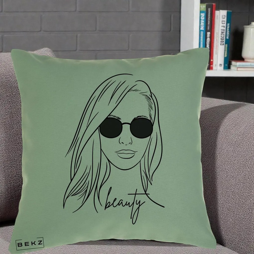Perna Decorativa Beauty Girl Line Art, 40x40 cm, Verde, Husa Detasabila, Perna Inclusa, BEKZ®