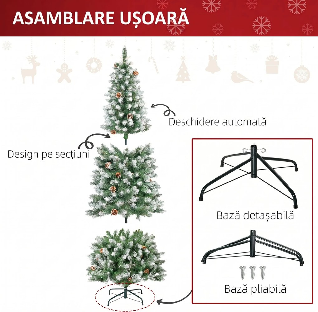HOMCOM Brad de Crăciun Înzăpezit cu 630 Ramuri și 37 Conuri, Brad Artificial cu Bază Detașabilă, Ø75x180 cm, Verde | Aosom Romania