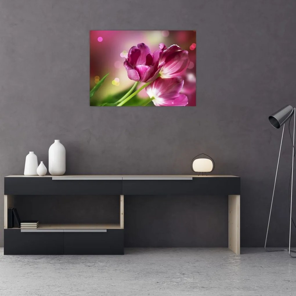 Tablou pe sticlă cu lalele roz (70x50 cm)