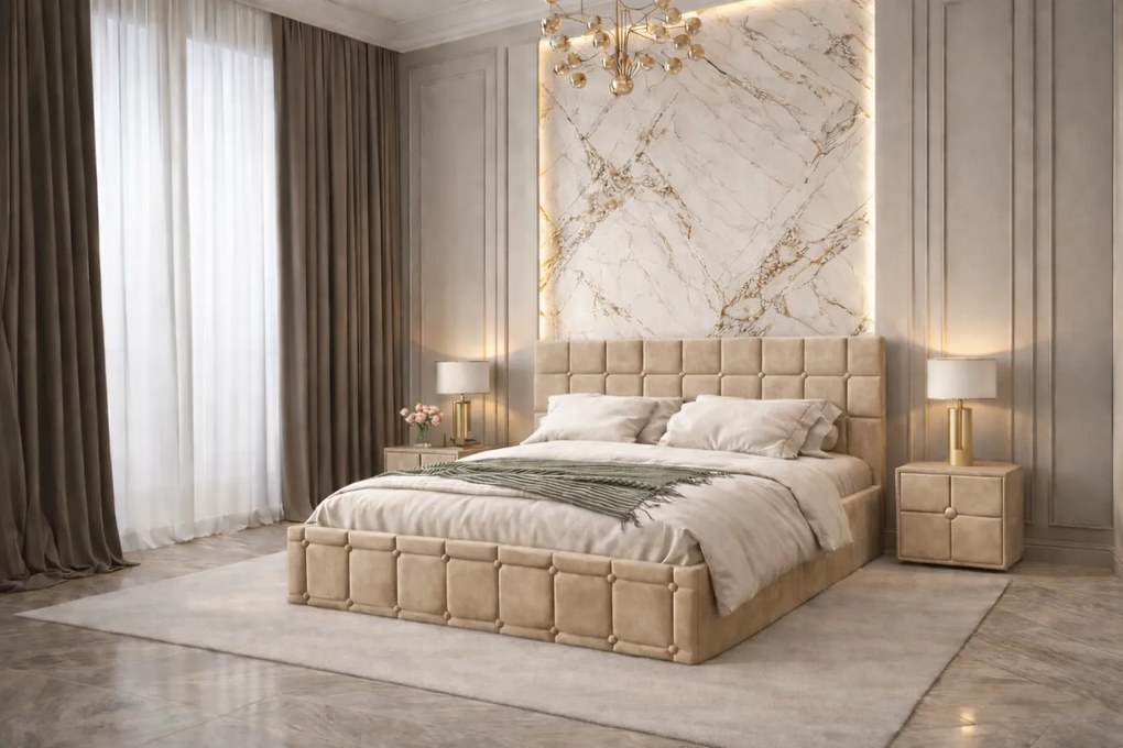 Pat tapitat Royal 180x200 cm, Bej + Saltea Superortopedica Gold, grosime 20 cm + Set 2 noptiere Royal, Bej
