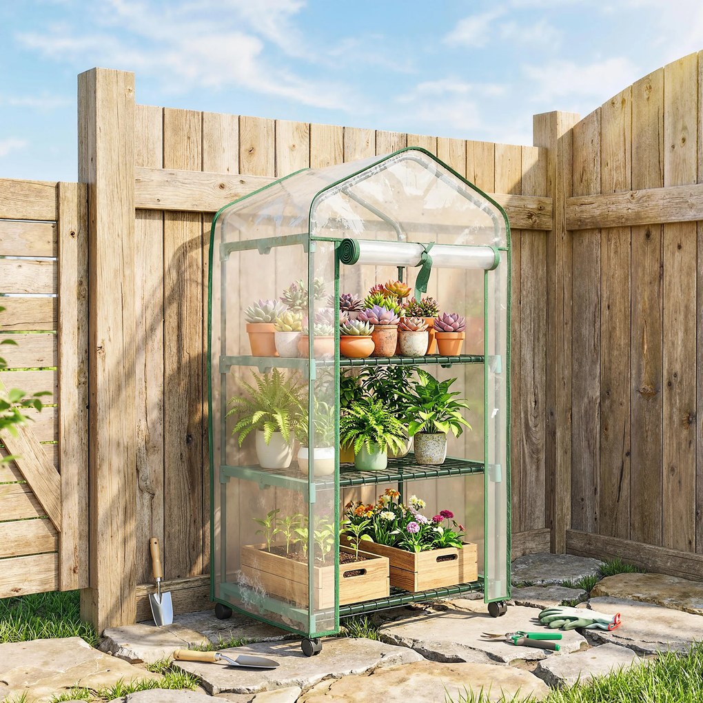 Outsunny Mini seră de grădină cu 3 rafturi, prelată PVC de înaltă densitate, ușă rulabilă 4 roți 69 x 49 x 130 cm transparent | Aosom Romania