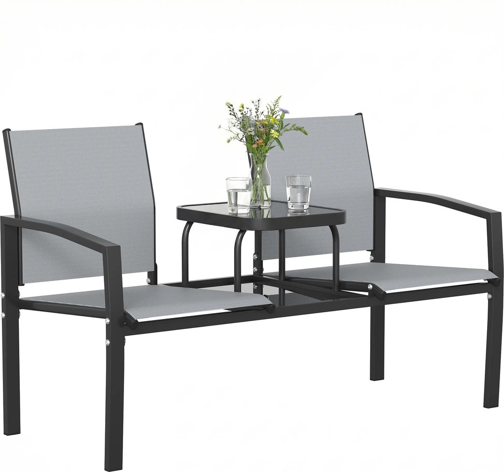 Outsunny Bancă de grădină pentru 2 persoane cu spătar și brațere, masă din sticlă în 2 niveluri, rezistă la 240 kg 135 x 67 x 81 cm Gri | Aosom Romania