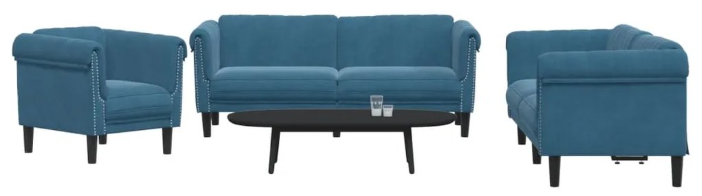 vidaXL Set de canapele, 3 piese, albastru, catifea