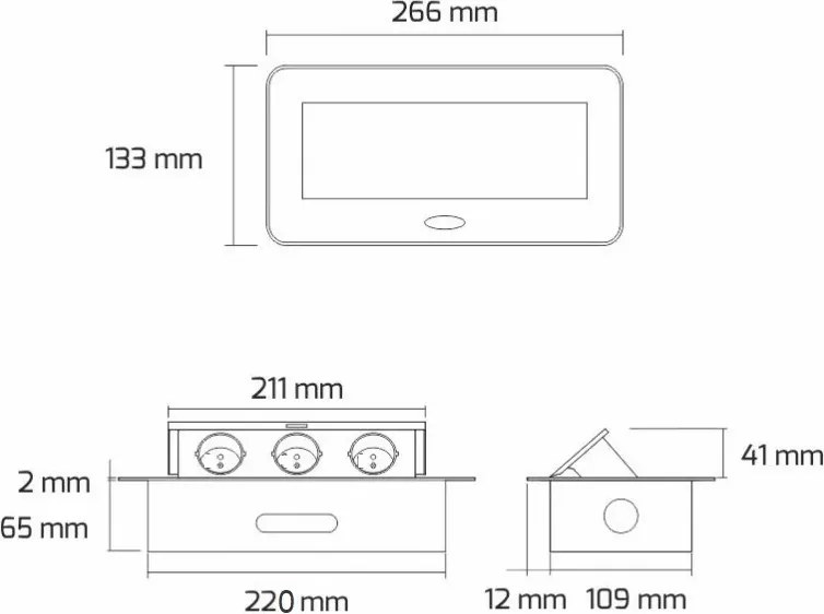Priză încorporabilă în blat Kombibox Design Light, 3 prize Schuko, alb, 266 x 133 mm Metal, Alb, L:266 mm; l:133 mm