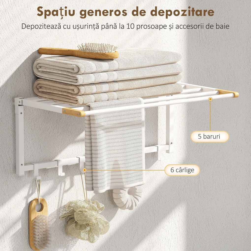 HOMCOM Suport de Prosoape de Perete Pliabil cu 5 Bare și 6 Cârlige din Lemn și Oțel | Aosom Romania