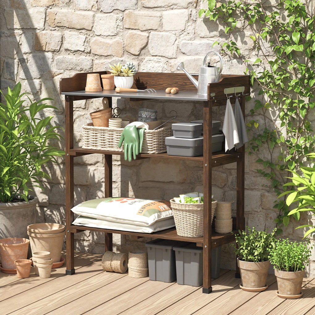 Outsunny Masă de grădină din lemn cu suprafață metalică, rafturi și cârlige pentru grădină, terasă 76x37x89 cm Carbonizat | Aosom Romania