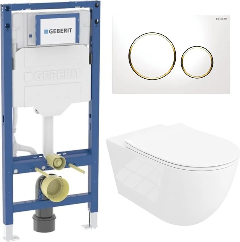 Rezervor WC cu cadru incastrat Geberit Duofix UP320 cu sistem de fixare, clapeta de actionare Sigma20 alb-auriu plus vas WC Rune Ivaldi Grande alb cu capac softclose