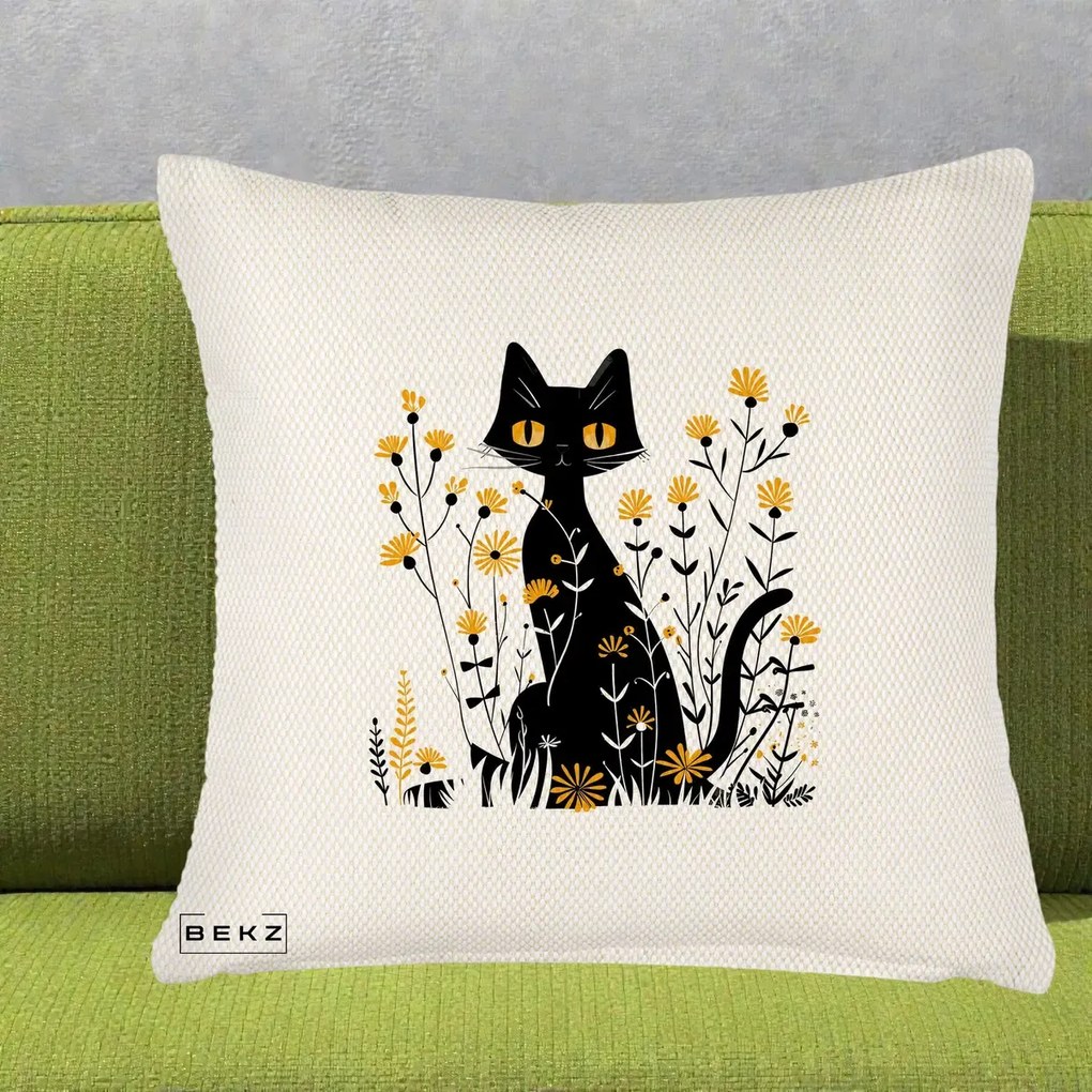 Perna Decorativa Pisica Neagra Ochi Galbeni Flori Galbene, 40x40 cm, Crem Reliefat, Husa Detasabila, Perna Inclusa, BEKZ®