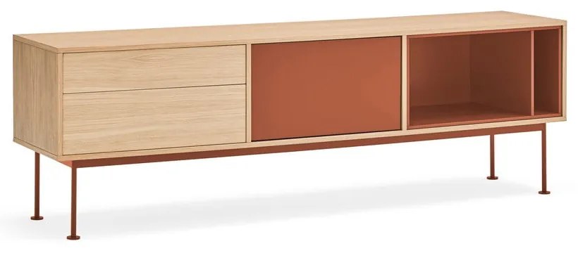 Comodă TV cu aspect de lemn de stejar Teulat Yoko, roșu cărămiziu