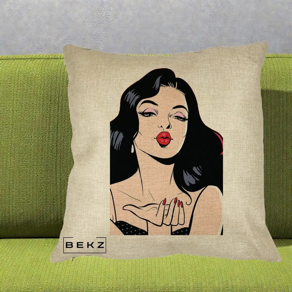 Perna Decorativa Femeie Pop-Art Kiss, 40x40 cm, Crem, Husa Detasabila, Perna Inclusa, BEKZ®