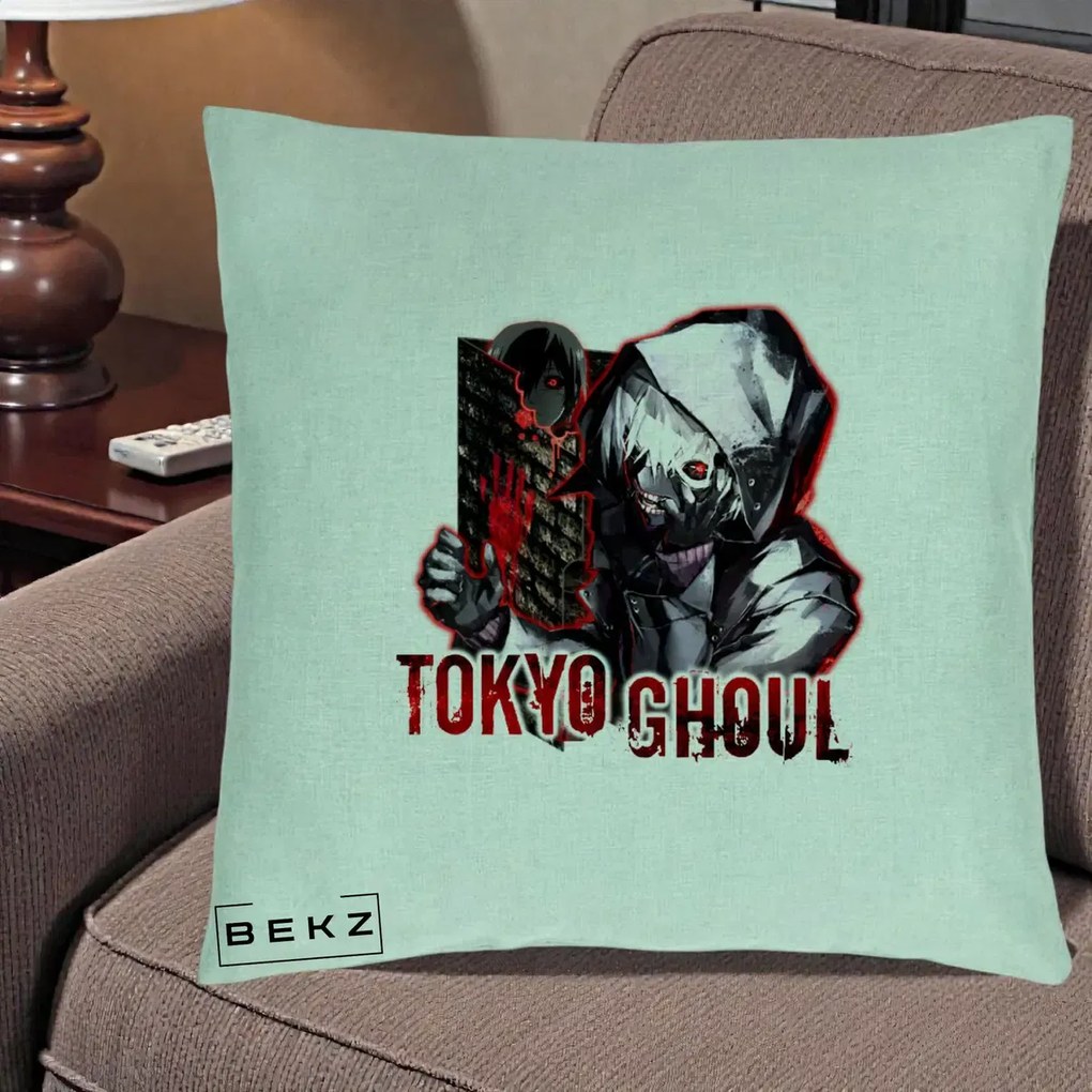 Perna Personalizata Tokyo Ghoul Ken Kaneki Anime, 40x40 cm, Verde Menta, Husa Detasabila, Perna Inclusa, BEKZ®