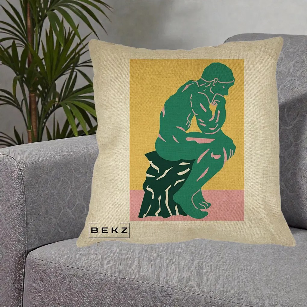 Perna Decorativa Ganditorul Sculptura Pop Art, 40x40 cm, Crem, Husa Detasabila, Perna Inclusa, BEKZ®