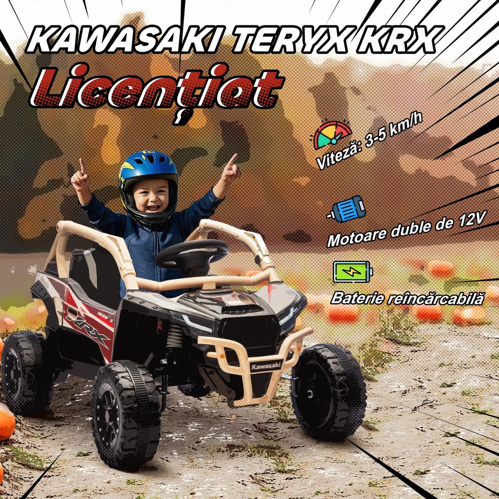 AIYAPLAY ATV Electric pentru Copii 3-8 Ani 12V cu Licență KAWASAKI, Motor Dublu, Telecomandă și Muzică, Galben | Aosom Romania