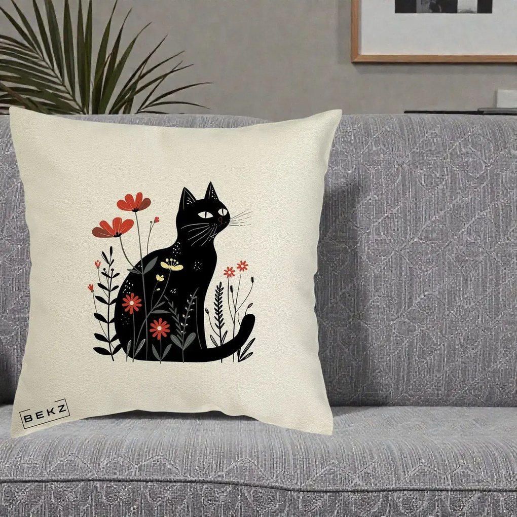 Perna Decorativa Pisica Neagra Flori Rosii Folk, 40x40 cm, Ecru, Husa Detasabila, Perna Inclusa, BEKZ®