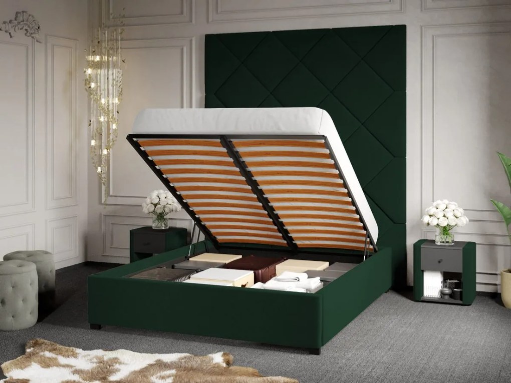 Pat Tapitat cu Panou 191x228 C1 Dubai cu somiera rabatabila si lada de depozitare Verde Inchis - Velluto 27 160x200