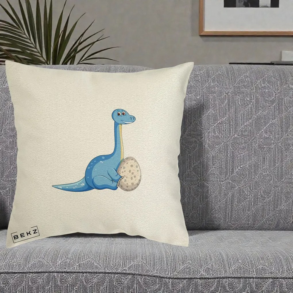 Perna Decorativa Brontosaur cu Ou, 40x40 cm, Ecru, Husa Detasabila, Perna Inclusa, BEKZ®