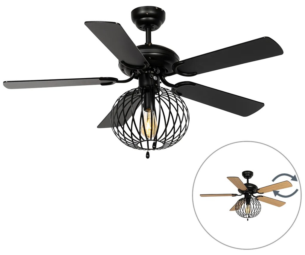 Ventilator de tavan negru cu imprimeu lemn 107,5 cm cu comutator cu lanț - Mistral Johanna