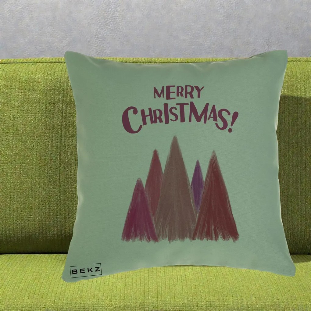 Perna Decorativa Merry Christmas Brazi Roz, 40x40 cm, Verde, Husa Detasabila, Perna Inclusa, BEKZ®