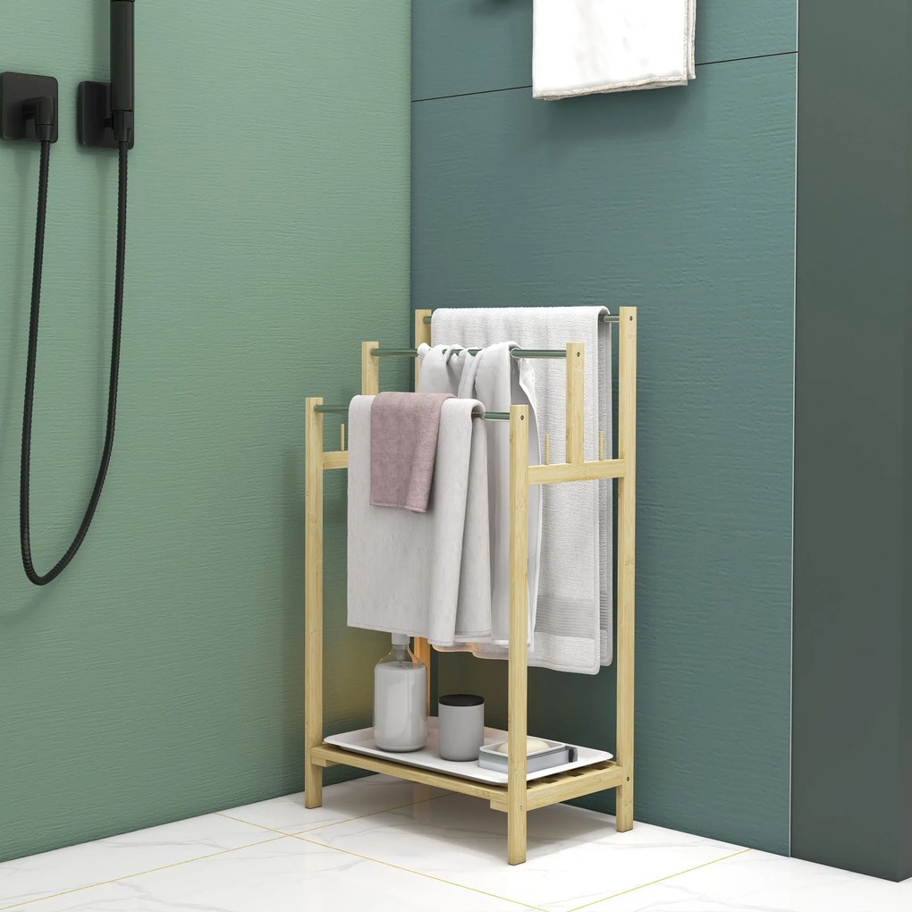 HOMCOM Suport de prosoape din bambus cu 3 bare, raft de depozitare, 4 cârlige și platou detașabil, 50,5Lx31Px90H cm natural | Aosom Romania