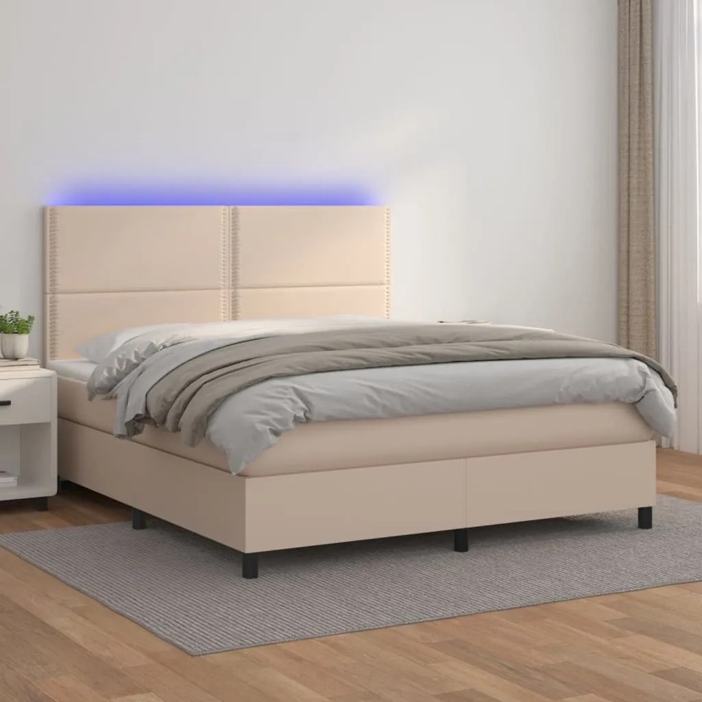 vidaXL Pat cu arcuri, cu saltea și LED cappuccino 180x200 cm piele eco