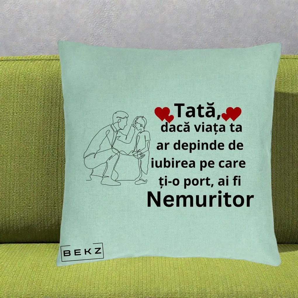Cadou pentru Tata - Perna Personalizata Tata Nemuritor cu Inimi Rosii, 40x40 cm, Verde Menta, Husa Detasabila, Perna Inclusa, BEKZ®