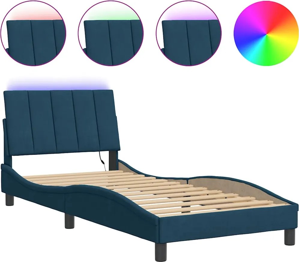 vidaXL Cadru de pat cu LED fără saltea, Hanko, albastru, 90x190 cm, catifea
