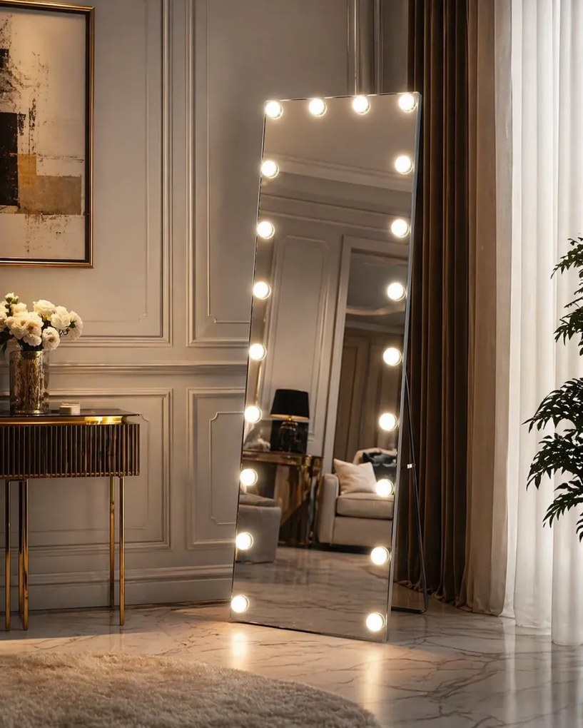 Oglindă cu becuri LED, Iluminare Reglabilă, 3 Culori, Control Touch, Sticlă HD, cu Suport, 160x50 cm