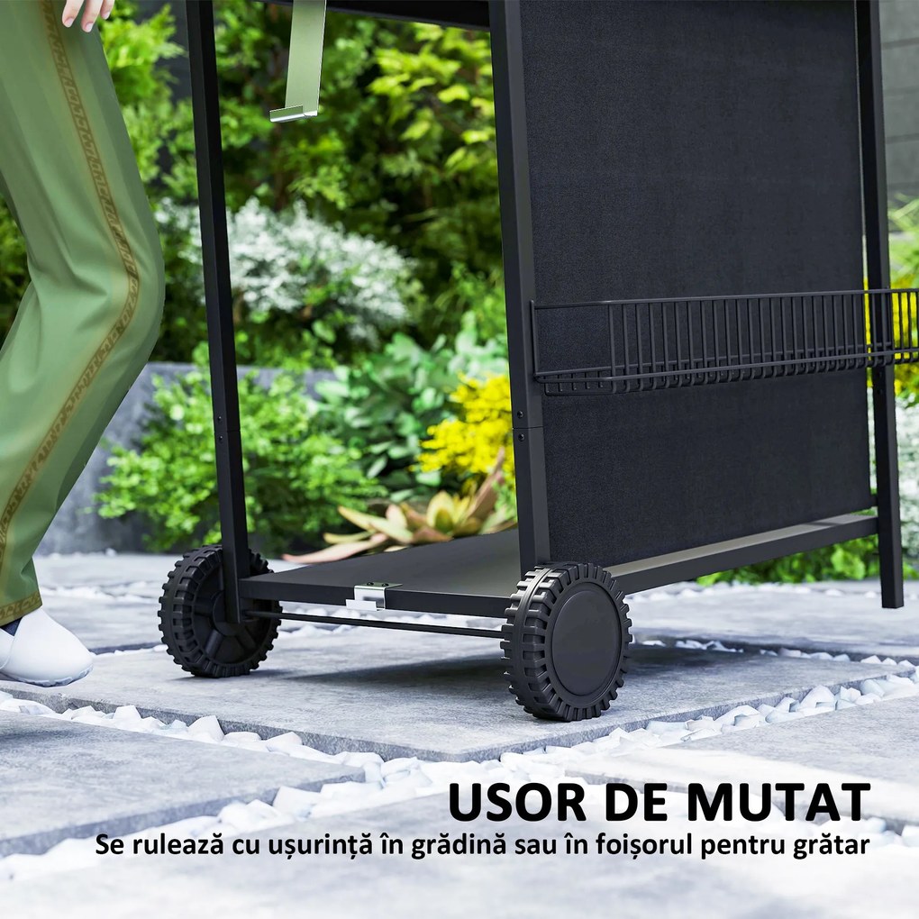 Outsunny Grătar pe Gaz cu Capac, Termometru, Măsuță Laterală și Tavă pentru Colectarea Grăsimii, 121x54x97 cm, Negru | Aosom Romania