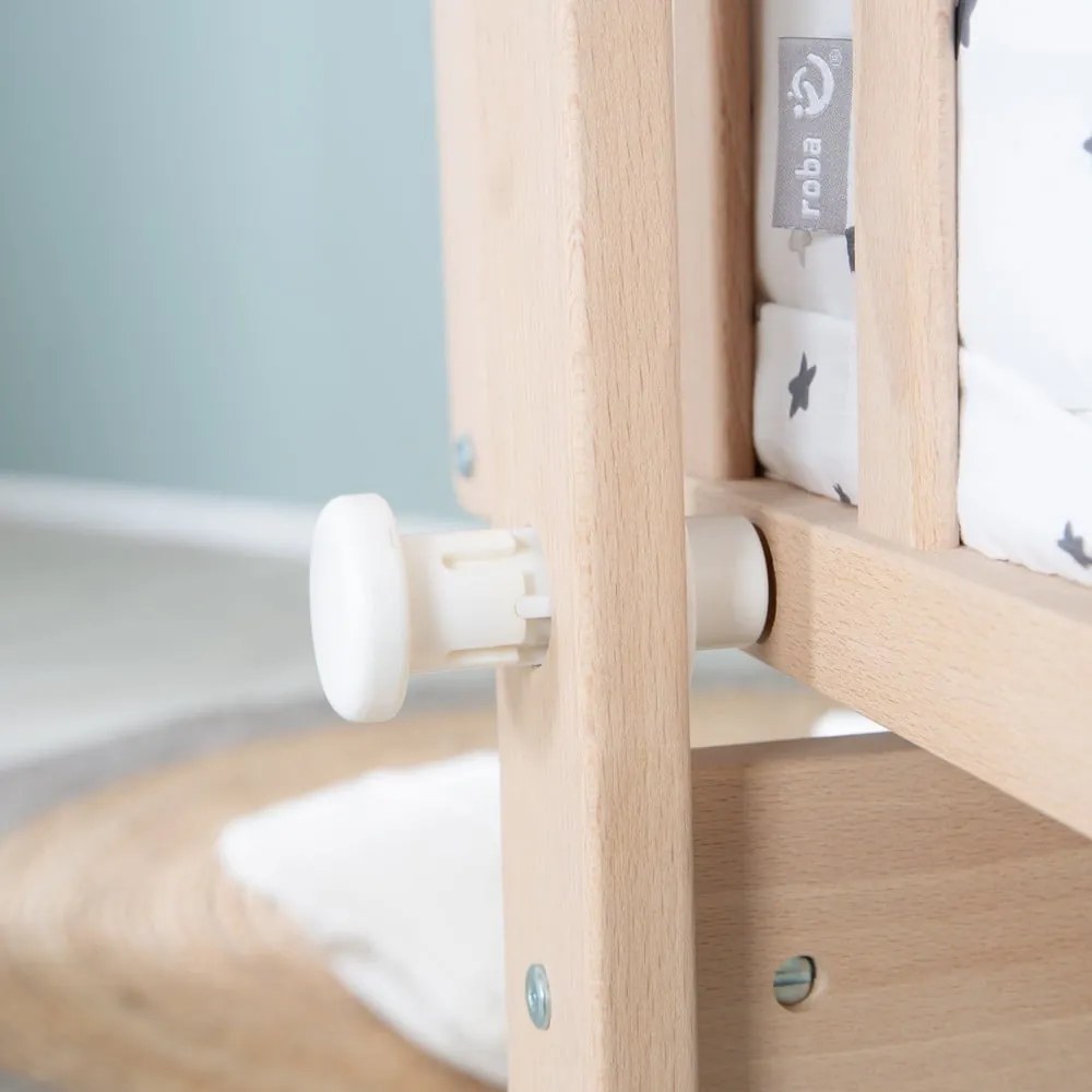 Pătuț leagăn în culoare naturală din lemn de fag cu roți/cu baldachin 40x90 cm – Roba