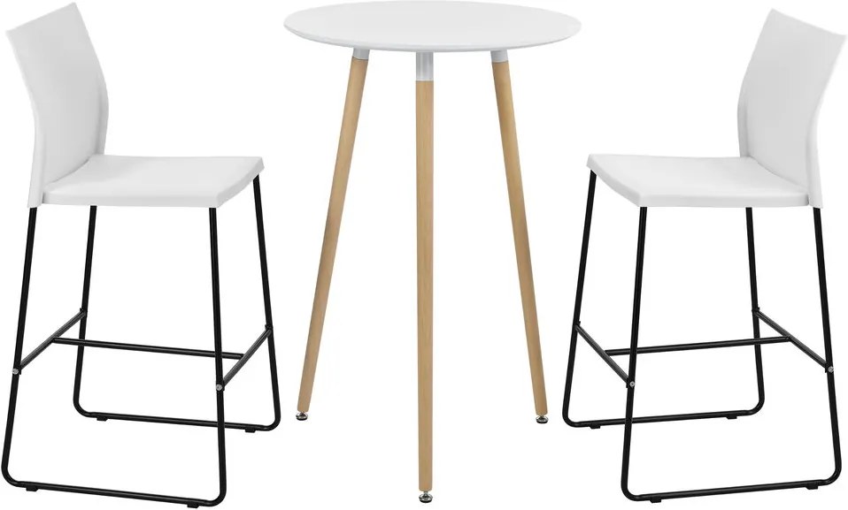 [en.casa]® Set design bar Tennessee, masa rotunda cu 2 scaune, masa 70 x 107 cm, scaun 107 x 31 x 48 cm, MDF/plastic/metal, alb