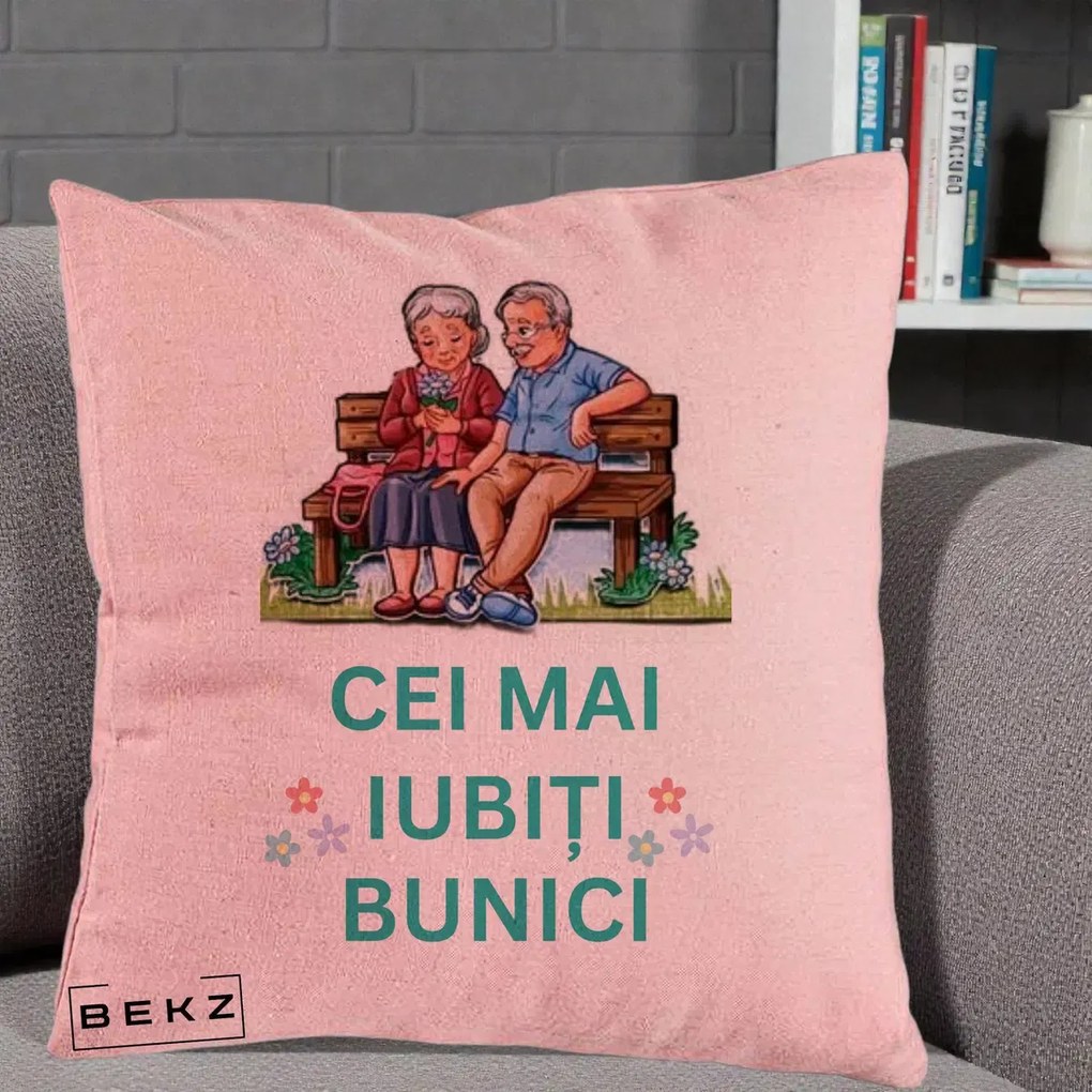 Cadou pentru Bunici - Perna Personalizata Cei Mai Iubiti Bunici Cuplu pe Banca Ilustratie, 40x40 cm, Roz, Husa Detasabila, Perna Inclusa, BEKZ®